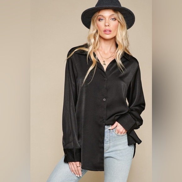 Satin Button Down Nude Black Neutral - Picture 8 of 9